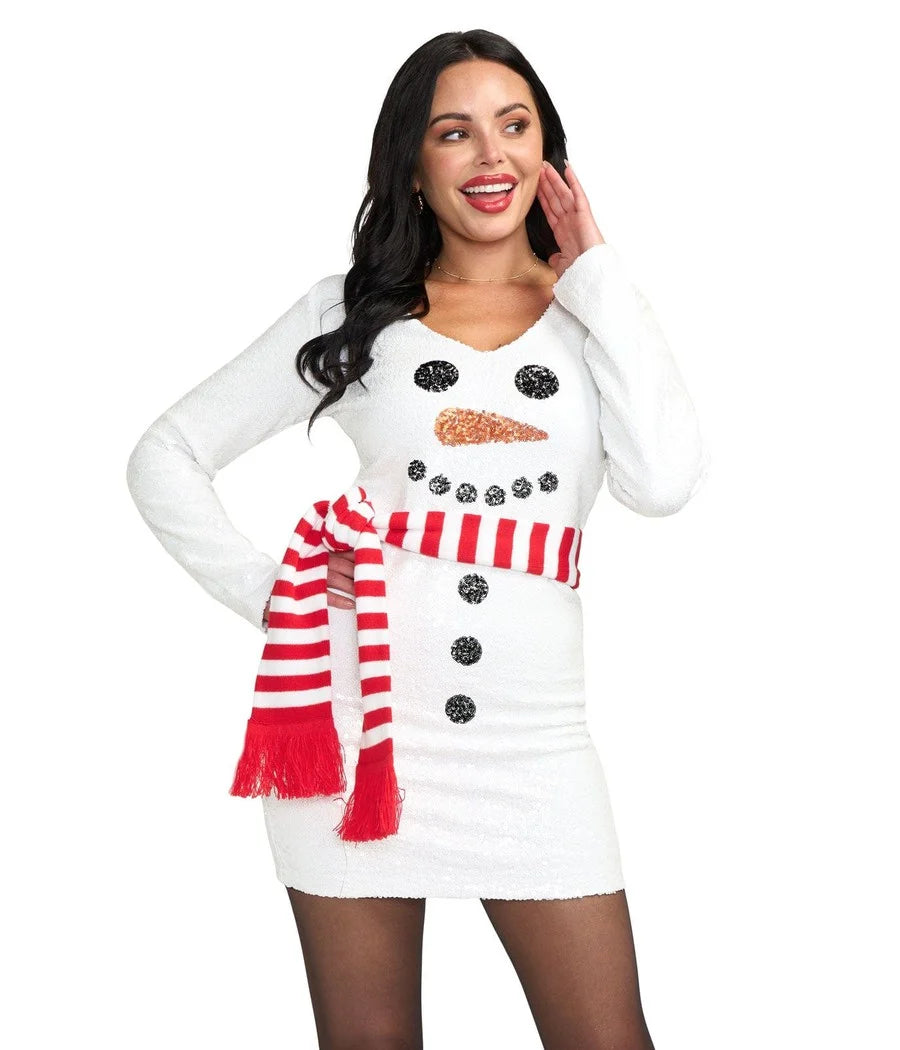 Women's Snowman Scarf Sequin Dress