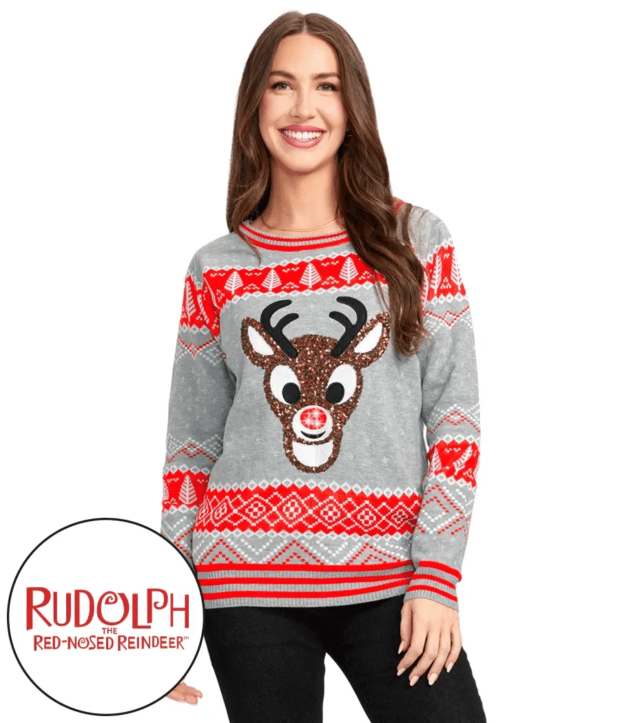 Women's Sequin Rudolph Light Up Ugly Christmas Sweater