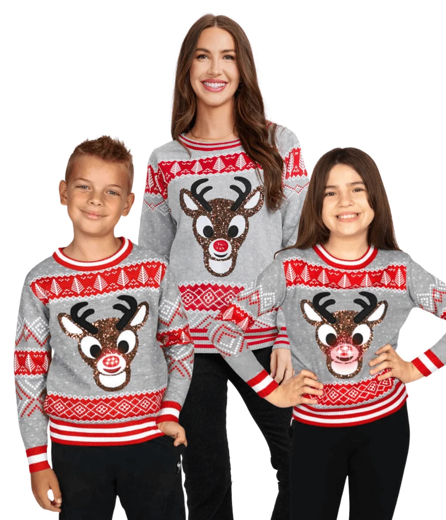 Matching Sequin Rudolph Family Christmas Sweaters