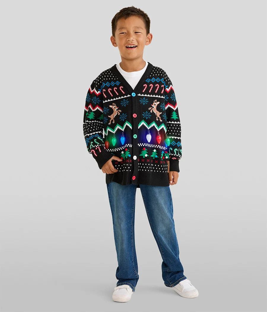 Boy's Fair Isle Rudolph Light Up Christmas Cardigan Sweater