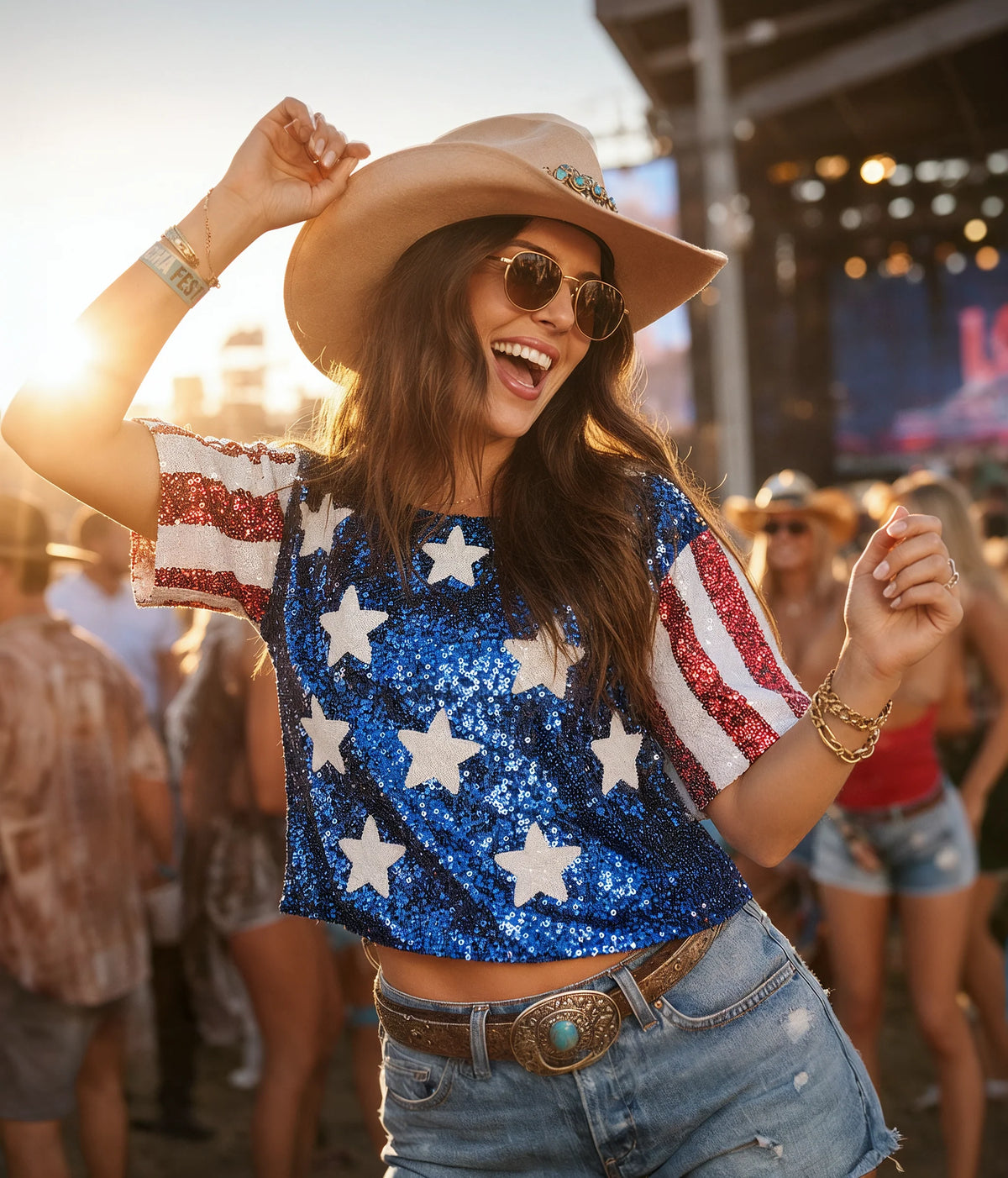 Women's Sequined Stars and Stripes Cropped Tee